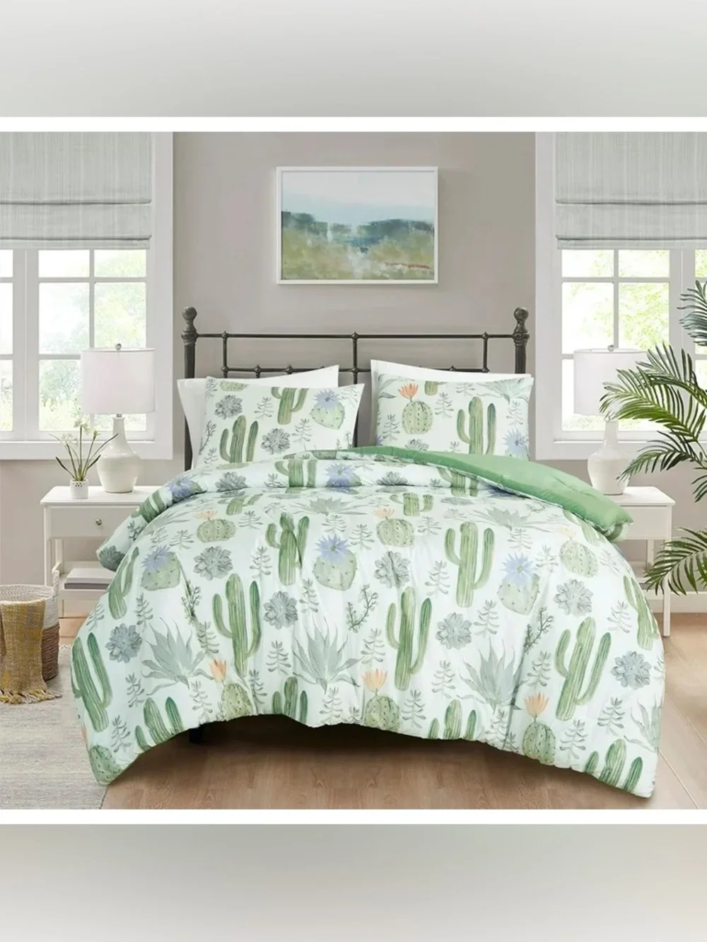 Cactus Print Green Reversible California king 3 piece Comforter Set